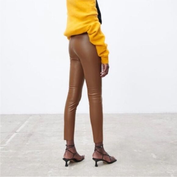 ZARA Brown High-Rise Faux Leather Pants Size L - Picture 3 of 10